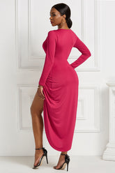 High-low Ruched Surplice Long Sleeve Dress OutfitFlow